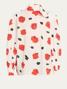 Marni Poplin Women's White Organic Cotton Blouse Red Rose Size Small New $1250